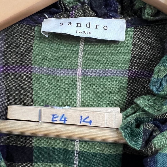 SANDRO PARIS GREEN PLAID LONG SLEEVE RUFFLE NECK HI-LOW SHIRT DRESS Size M - Picture 9 of 16